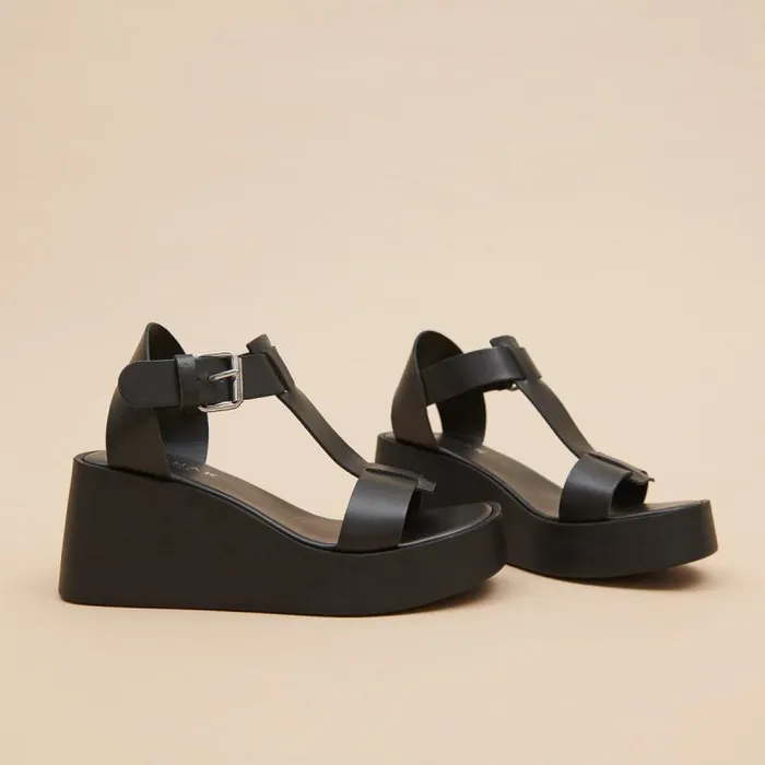 Women Wedge Sandals With Adjustable Buckles Black JONAK Sandals