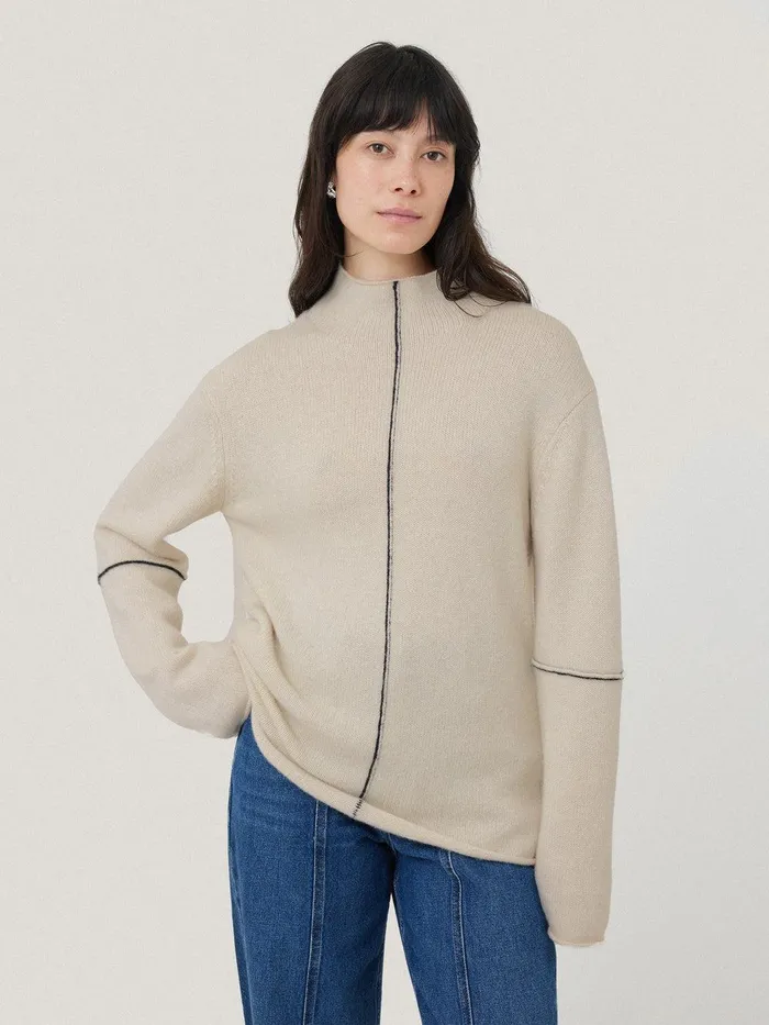 Women Wool Cashmere Blend Line Jumper Cream Jigsaw Knitwear and Cashmere